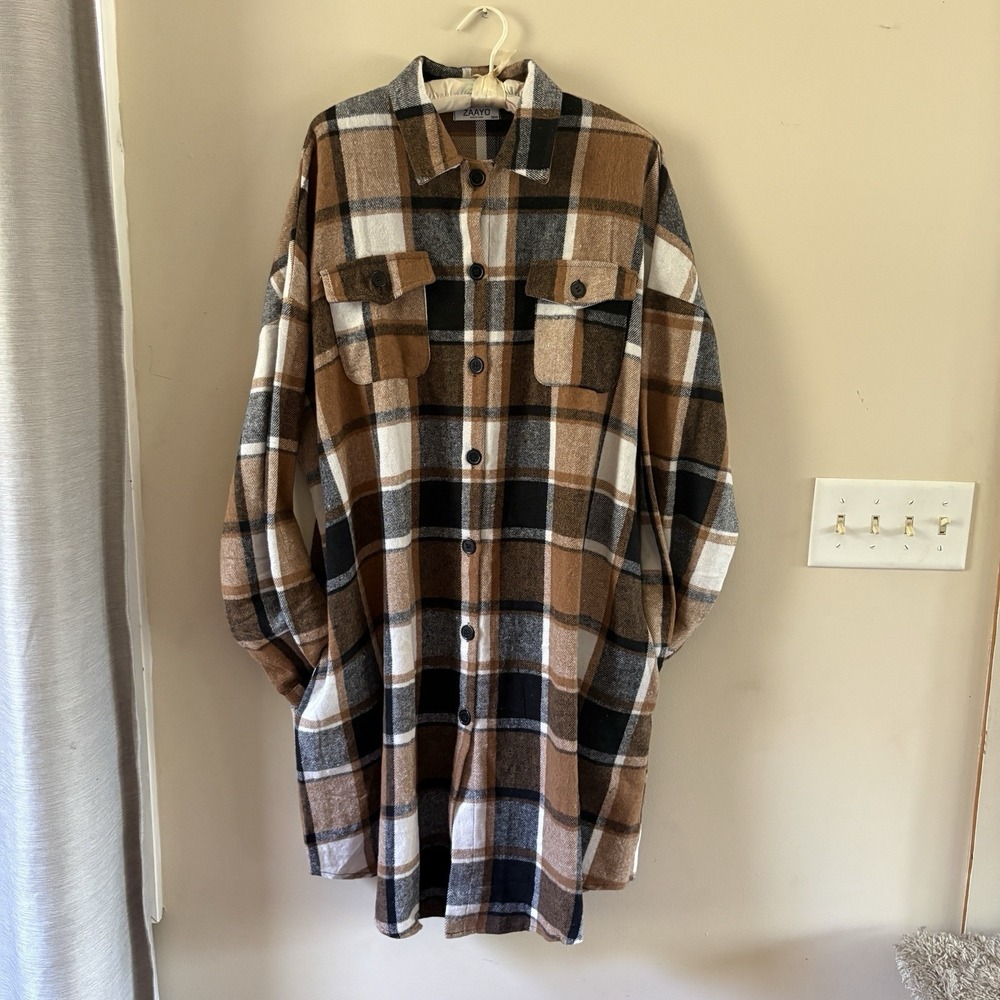 ZAAYO Women's Long Brown Flannel Button Shacket Pockets NWT Women's 26W